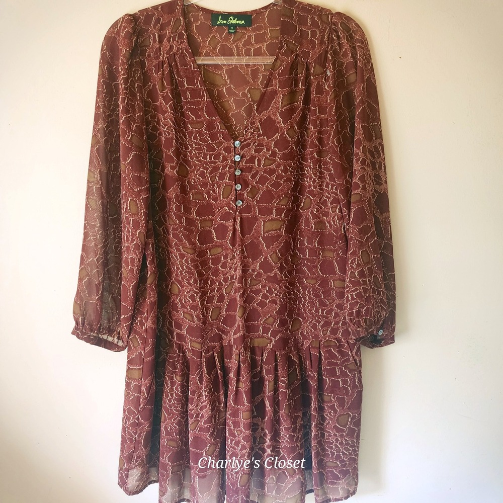 Sam Edelman Sheer Print Long Sleeve Pleated Hem Dress M|‎ Edgy Boho Chic